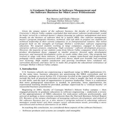 A Detailed Discussion of CMU\'s Graduate Education Program In Software Manage...