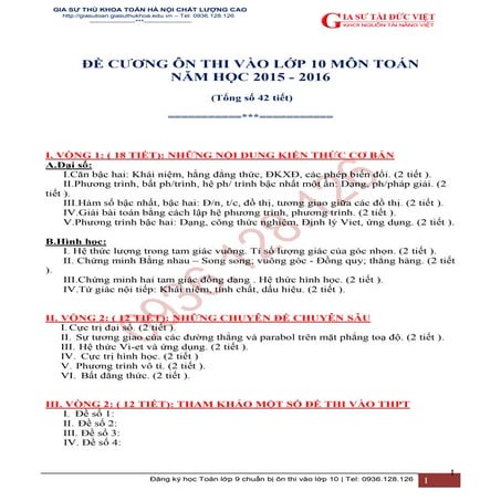 Đề cương ôn thi vào lớp 10 môn Toán năm học 2015 - 2016