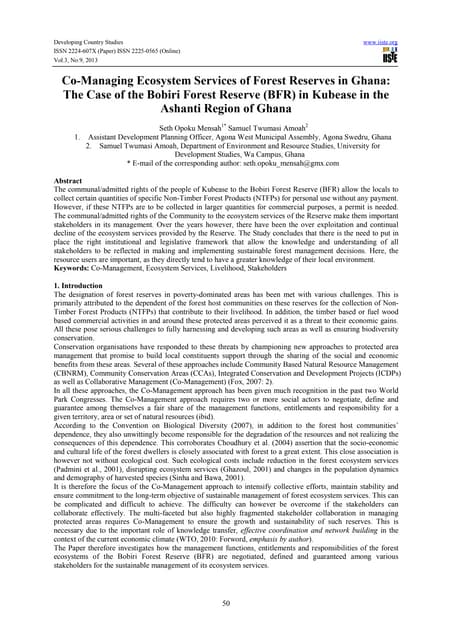 Co managing ecosystem services of forest reserves in ghana-the case of the bobiri forest reserve (bfr) in kubease in the ashanti region of ghana