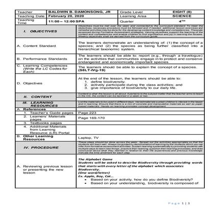 Biodiversity Daily Lesson Plan - Grade 8 Science