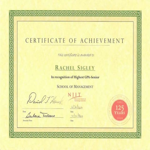 Certificate of Achievement - Highest GPA Senior