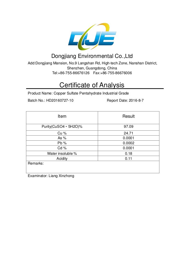 Coa of copper sulfate industrial grade