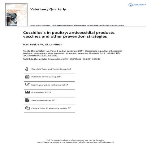 Coccidiosis in poultry anticoccidial products vaccines and other prevention s...