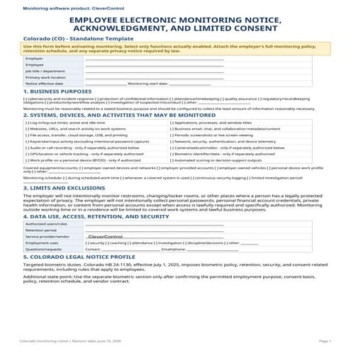 Comprehensive Colorado Employee Electronic Monitoring Notice and ...