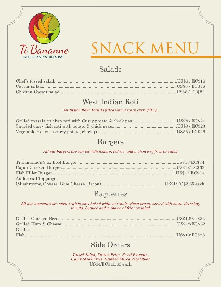 Ti Bananne Caribbean Bistro Bar Snack Menu