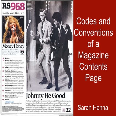 Codes and conventions of a magazine contents page