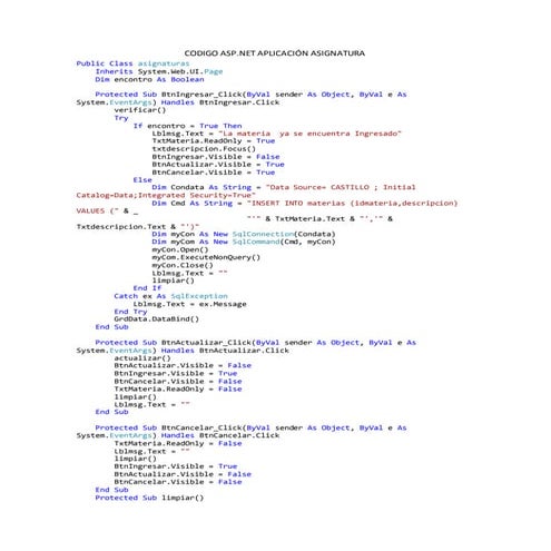 Codigo asp aplicacion asignatura