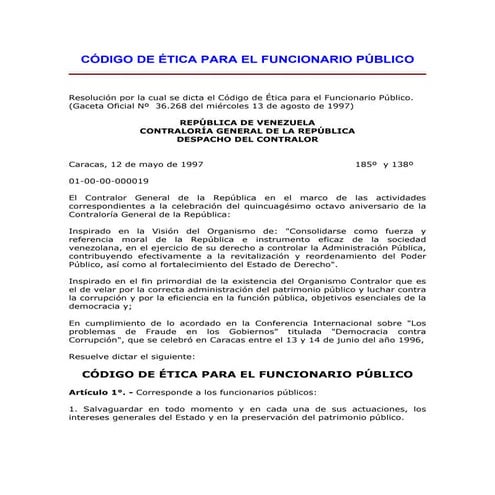 Codigo de etica del funcionario publico cgr vzla