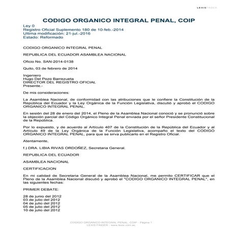 Codigo organico integral penal coip | PDF