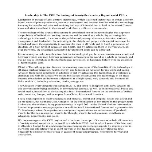 Leadership in The COE Technology of twenty-first century Beyond covid 19 Era