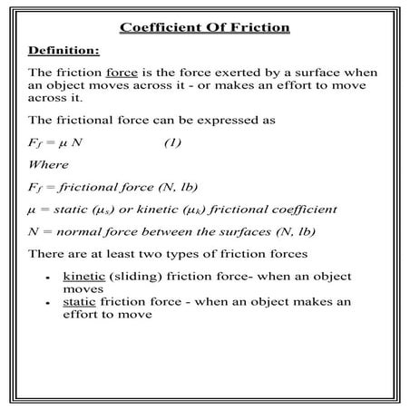 Coefficient of friction of different materials
