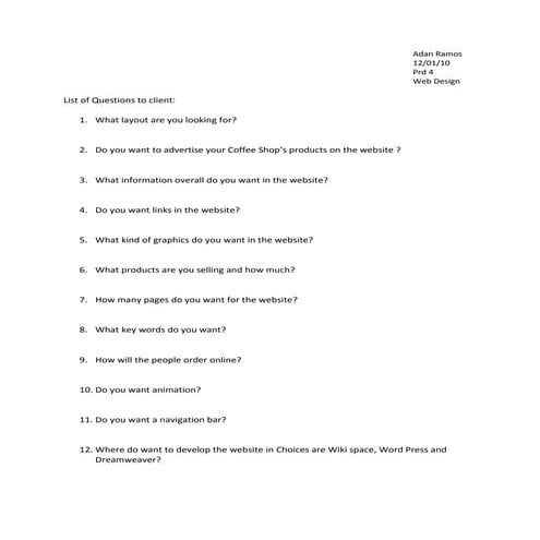 Web site design Questionnaire: | DOC
