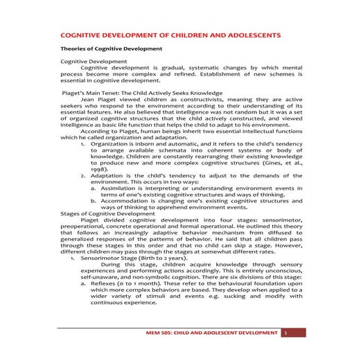 Cognitive development of children and adolescents