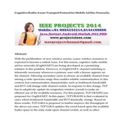 Cognitive radio aware transport protocol for mobile ad hoc networks