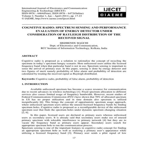 Cognitive radio spectrum sensing and performance evaluation of energy detecto...