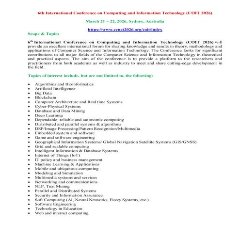 Call for Papers - 6th International Conference on Computing and Information T...