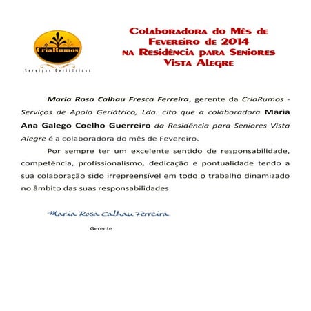 Colaboradora do mês de fevereiro de 2014