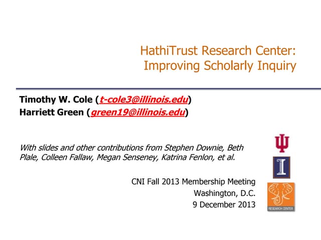 Workset Creation for Scholarly Analysis Project presentation at CNI 2013