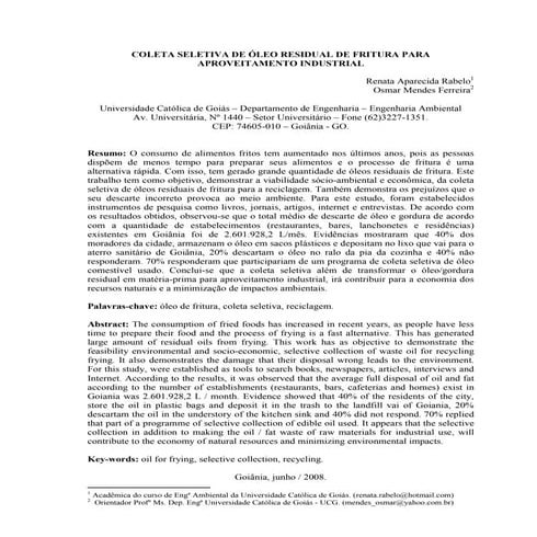 Coleta reciclagem oleo residual fritura cozinha