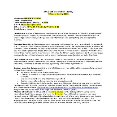 COLG 191: Developing and Implementing a 1-Credit Required Online Information ...