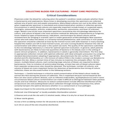 COLLECTING BLOOD FOR CULTURING - POINT CARE PROTOCOL