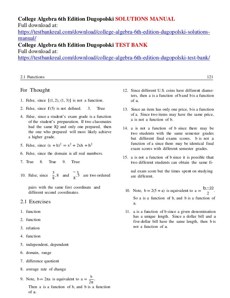 College Algebra 6th Edition Dugopolski Solutions Manual