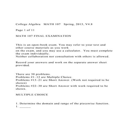 College Algebra   MATH 107   Spring, 2015, V4.8 Page 1 of .docx