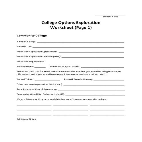 College Options Exploration Worksheet PDF