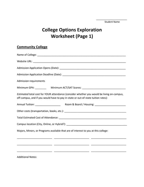 College Options Exploration Worksheet PDF College Options Exploration Worksheet PDF