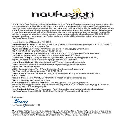 College Ministry List