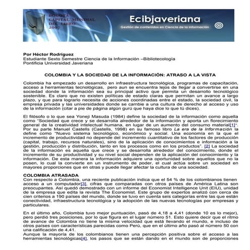 COLOMBIA Y LA SOCIEDAD DE LA INFORMACIÓN: ATRASO A LA VISTA 