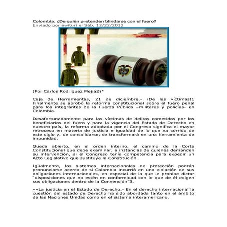 Colombia de quien pretenden blindarse con el fuero