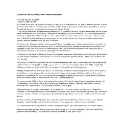 Colombia y nicaragua riñen por bloques petroleros