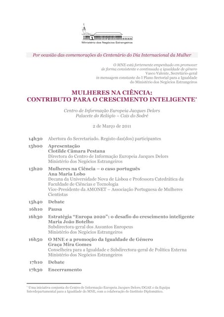 Colóquio “Mulheres na Ciência: Contributo para o crescimento inteligente” – 02 Março 2011 