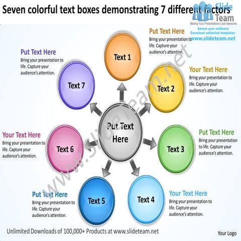 Colorful text boxes demonstrating 7 different factors processs and power poin...