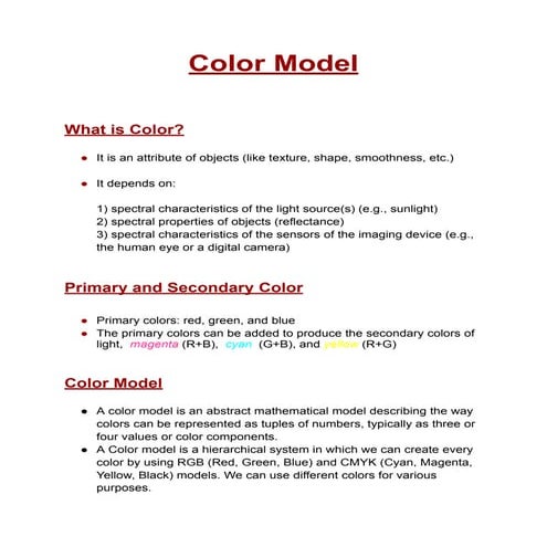 Color model in Computer graphics and it's description