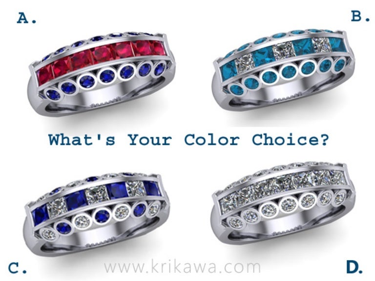 Color variations for diamond wedding band using sapphires rubies and…