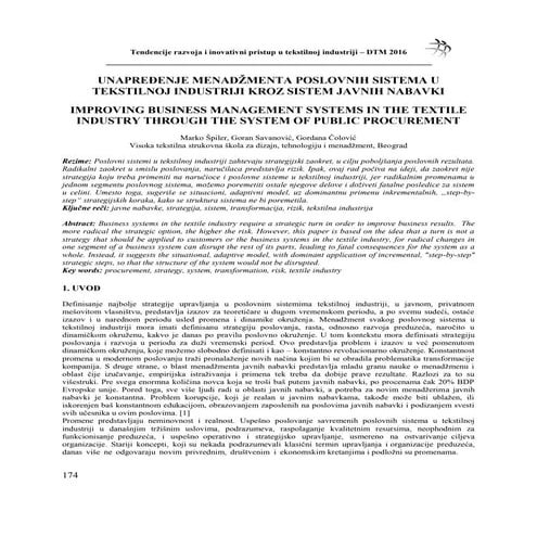 UNAPREĐENJE MENADŽMENTA POSLOVNIH SISTEMA U TEKSTILNOJ INDUSTRIJI KROZ SISTEM...