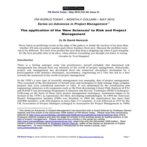 The application of the ‘New Sciences’ to Risk and Project Management