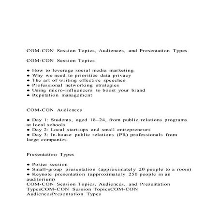 COM-CON Session Topics, Audiences, and Presentation Types 