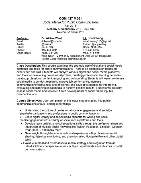 Com 427 Social Media for Communications #NewhouseSM4 Syllabus Fall 2013