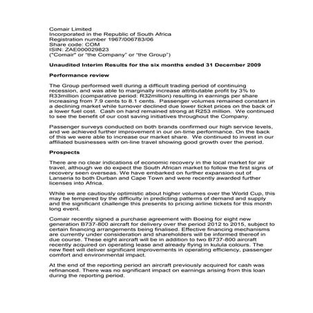 Comair - Interim Report Dec 2009 Final