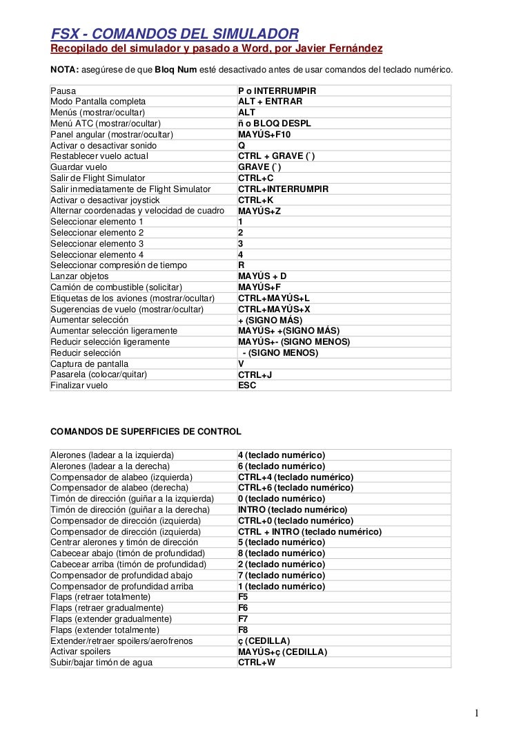 Comandos Teclado Fsx
