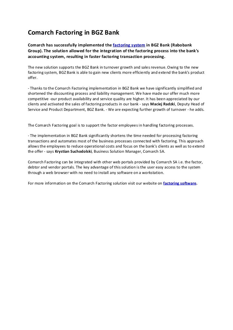 Comarch Factoring Software In Bgz Bank Rabobank Group