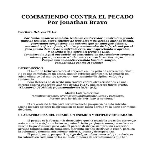 COMBATIENDO CONTRA EL PECADO  Por Jonathan Bravo