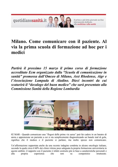 Come comunicare con il paziente. al via la prima scuola di formazione ad hoc ...