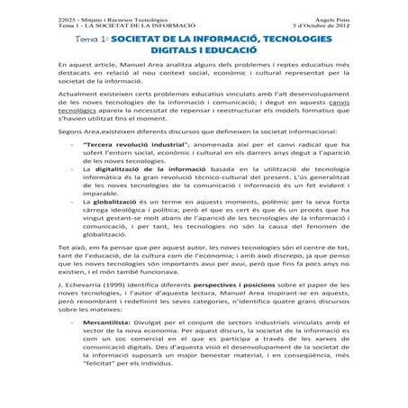 SOCIETAT DE LA INFORMACIÓ, TECNOLOGIES DIGITALS I EDUCACIÓ