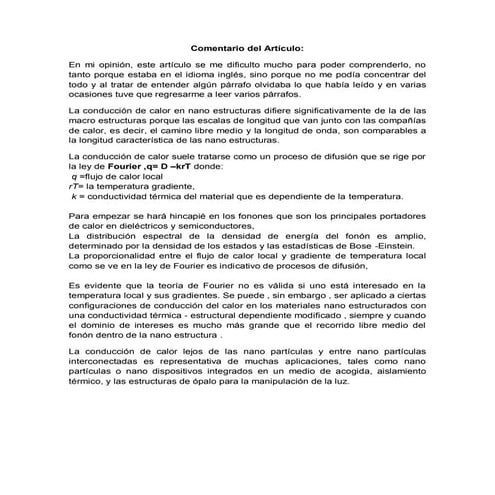 Comentario Acerca del Articulo "Particularidades de la conducción del calor en nanoestructuras."