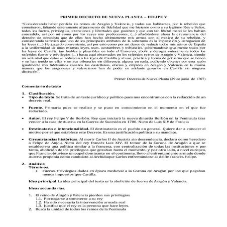 Comentario de texto Decretos de Nueva Planta de Felipe V