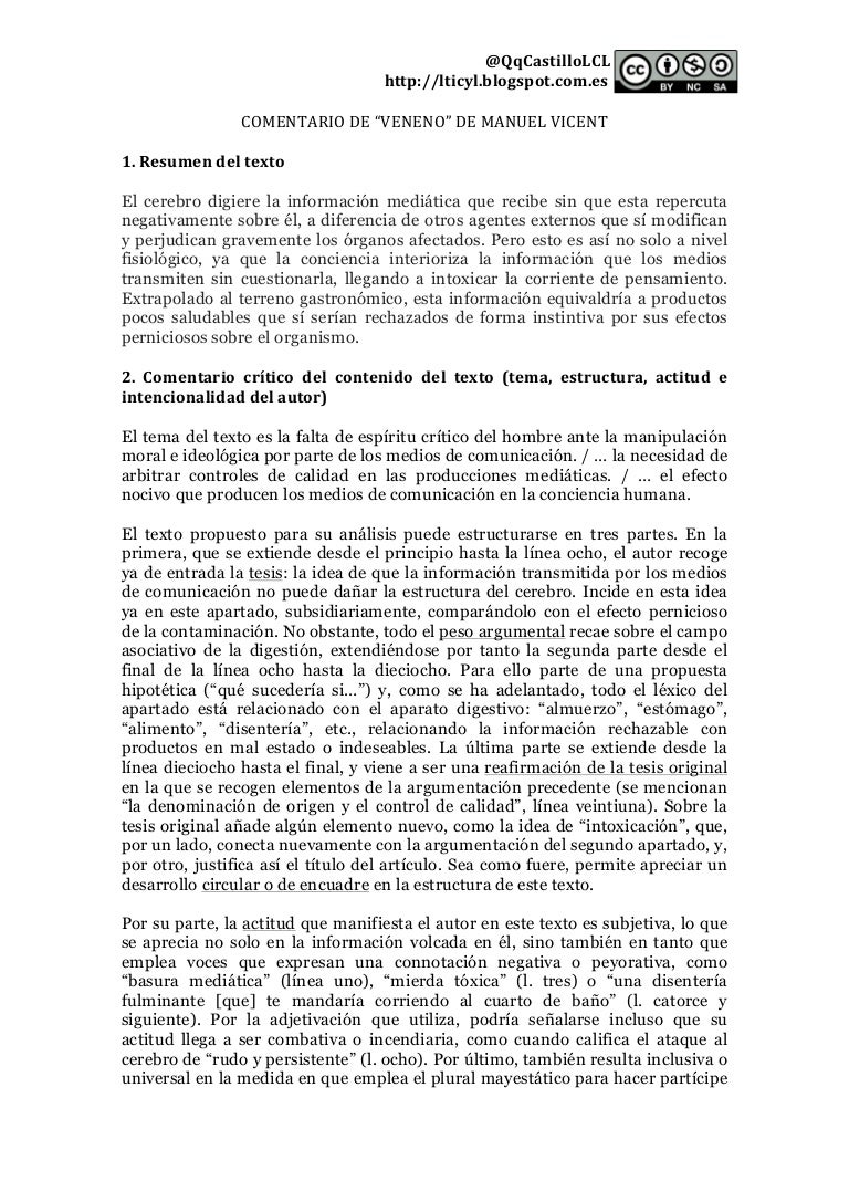 Comentario de veneno (Manuel Vincent) - Lengua - 2.º bachillerato